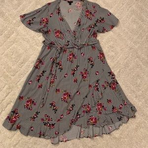 Floral and Stripe Faux Wrap Dress with Ruffled Hem and Flutter Sleeve, Torrid